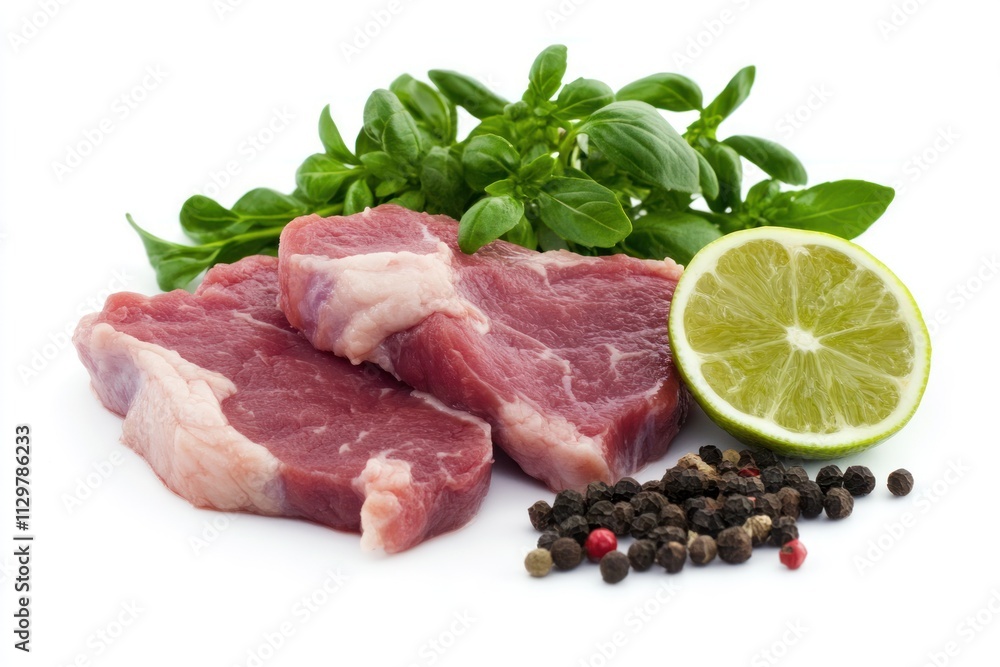 Two raw meat steaks with lime, peppercorns, and basil. Two raw meat steaks with lime, peppercorns, and basil.