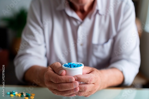 Senior holding a large number of pills, illustrating the health risks associated with taking too many medications. photo