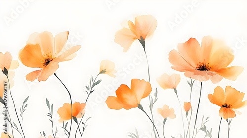 A beautifully minimalist watercolor illustration featuring marigolds in gentle shades of orange and yellow, set against a light background for a seamless and harmonious floral presentation 