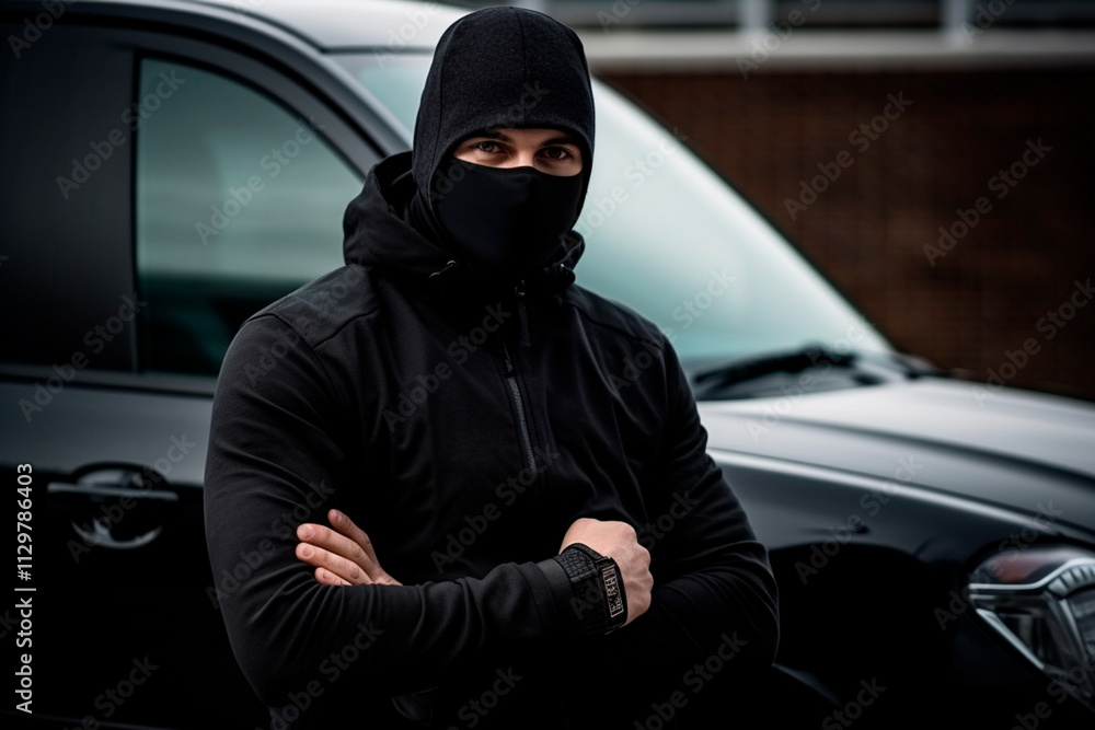 Security concept of a thief trying to steal a vehicle, with focus on anti-theft protection systems. Security concept of a thief trying to steal a vehicle, with focus on anti-theft protection systems.