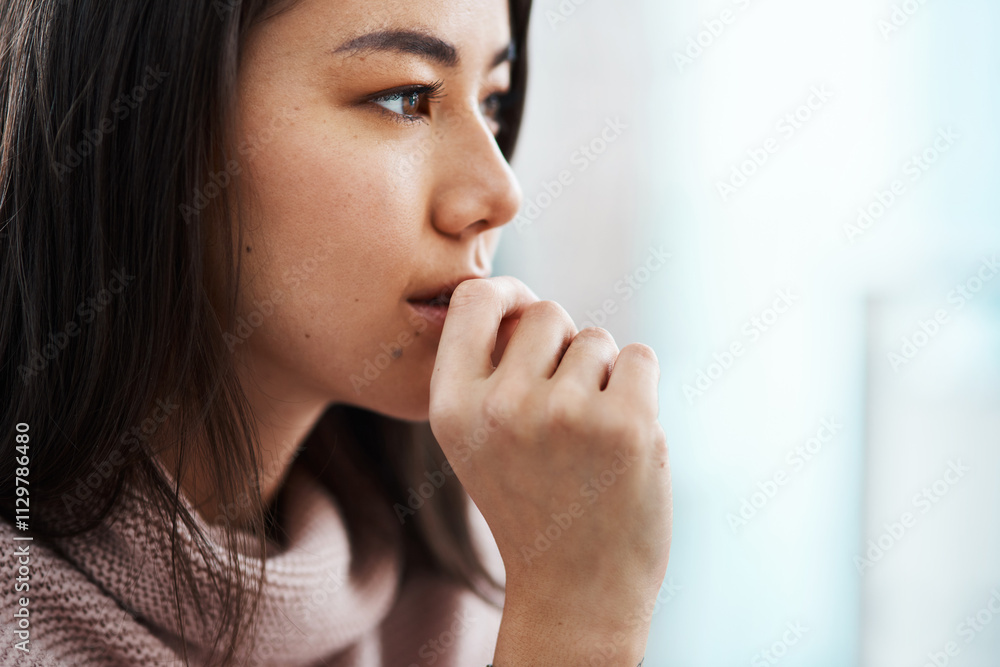 Woman, thinking and fear in home with anxiety, stress and biting nails for mental health. Girl, worry and bad habit in living room for nervous tick, depression and fidget for tension relief or doubt Woman, thinking and fear in home with anxiety, stress and biting nails for mental health. Girl, worry and bad habit in living room for nervous tick, depression and fidget for tension relief or doubt