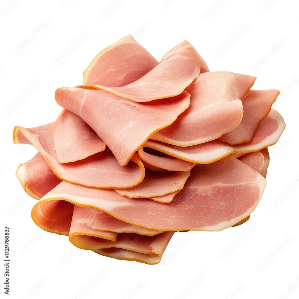 Stack of Thinly Sliced Ham Slices Ready for Serving, Isolated on White Background Cutout Stack of Thinly Sliced Ham Slices Ready for Serving, Isolated on White Background Cutout