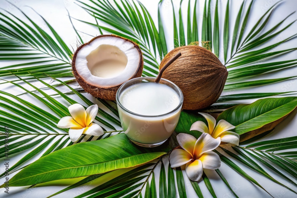 Monochrome study: coconut milk, palm leaf, and floral still life grace a fashion photograph. Monochrome study: coconut milk, palm leaf, and floral still life grace a fashion photograph.