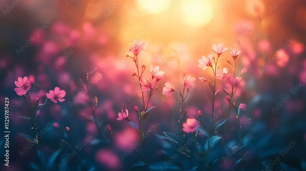 Sunset illuminating pink wildflowers in a field. Sunset illuminating pink wildflowers in a field.