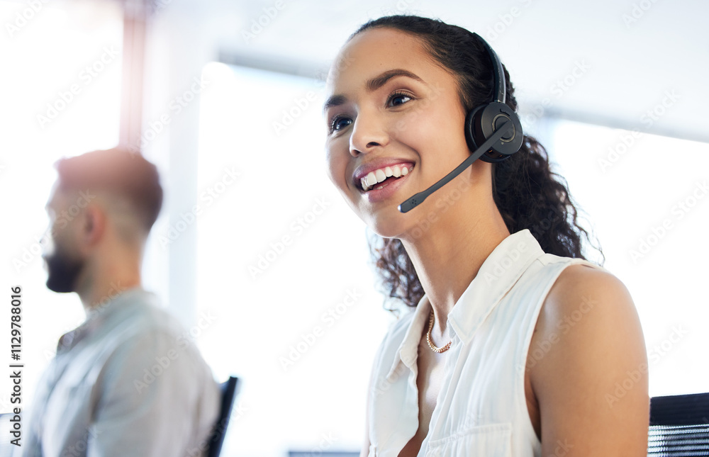 Call center, sales or happy woman in customer support for communication, questions or contact service. Inbound help desk, lead generation or virtual assistant with insurance advice, smile or headset Call center, sales or happy woman in customer support for communication, questions or contact service. Inbound help desk, lead generation or virtual assistant with insurance advice, smile or headset