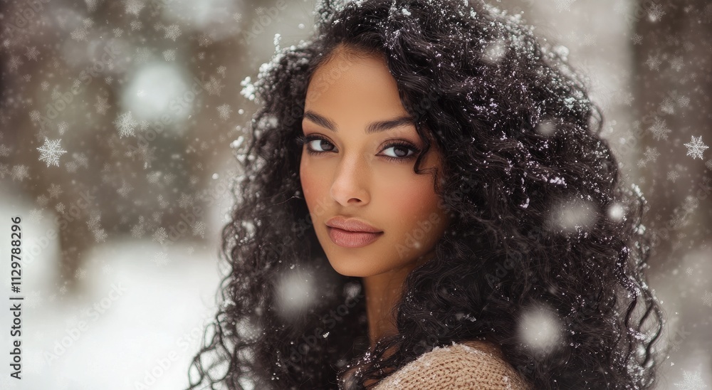 A beautiful woman with long, curly hair, snowflakes in her flowing locks, snow falling around her A beautiful woman with long, curly hair, snowflakes in her flowing locks, snow falling around her