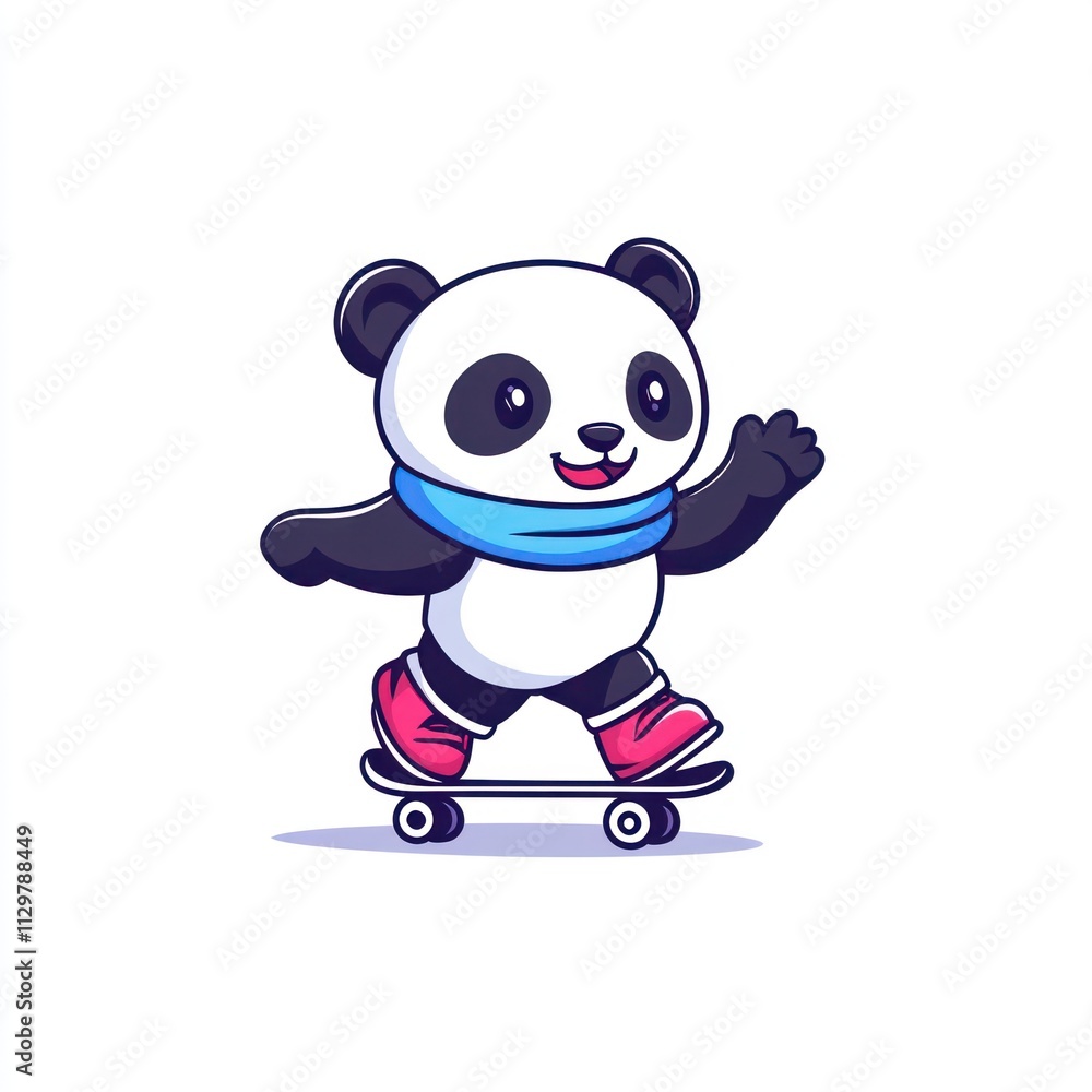 Cute panda bear skateboarding, wearing a scarf and boots. Cute panda bear skateboarding, wearing a scarf and boots.