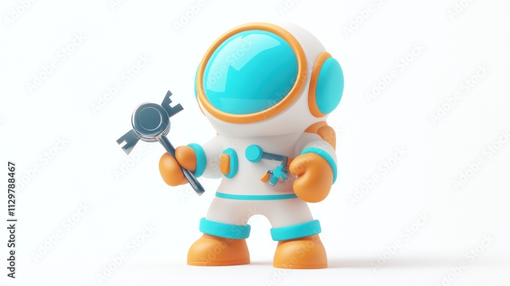 Cute cartoon astronaut holding wrench and key. Cute cartoon astronaut holding wrench and key.