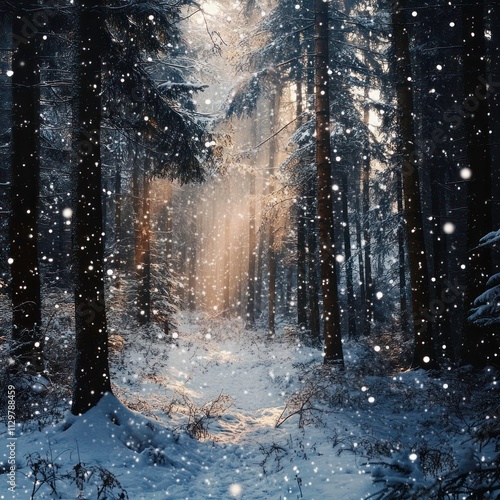 Sunbeams through snowy forest path.