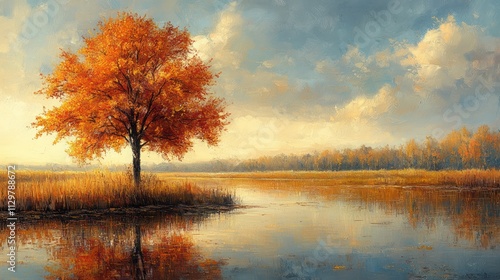 Autumn Landscape with Tree by Calm Pond in Morning Light