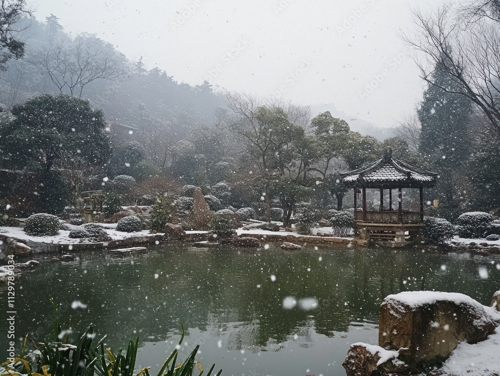 Fototapeta premium Snowfall over a serene Asian garden pond and gazebo.