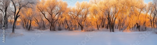 Golden sunrise illuminates a frosty winter forest scene.