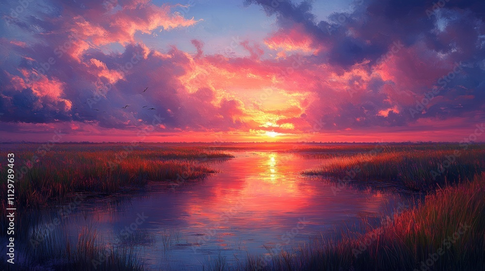 Fototapeta premium Serene Sunset Reflection in a Colorful Marsh Landscape