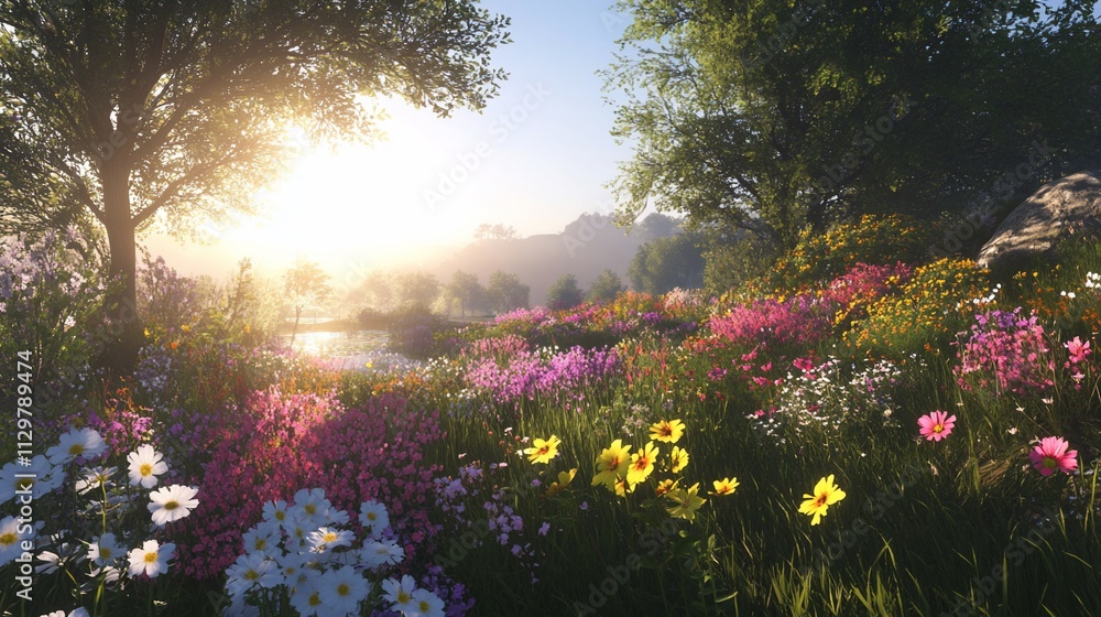 Obraz premium Sunlit meadow with colorful wildflowers, trees, and a tranquil pond at sunrise.