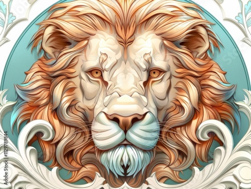 Vintage Ornate Lion Portrait on White Background photo