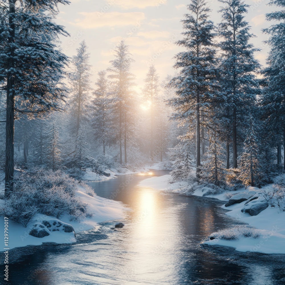 Sunlit winter stream flowing through snow-covered pine forest. Sunlit winter stream flowing through snow-covered pine forest.