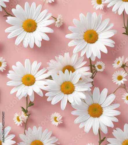 Seamless pattern of white daisy chamomile flowers on a soft pale pink background, delicate, pastel, nature, feminine