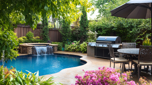 Luxury Backyard Oasis: Pool, Grill, and Lush Garden