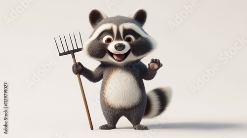 Happy cartoon raccoon holding a pitchfork. (1) photo