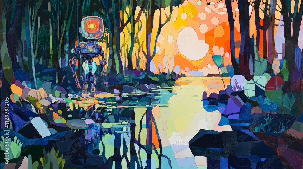 Obraz premium Surreal Robot in Forest: Cubist Painting, Abstract Nature, Vivid Colors