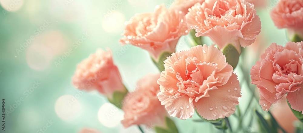 Close-up of delicate peach carnations with water droplets, soft-focus background. Close-up of delicate peach carnations with water droplets, soft-focus background.