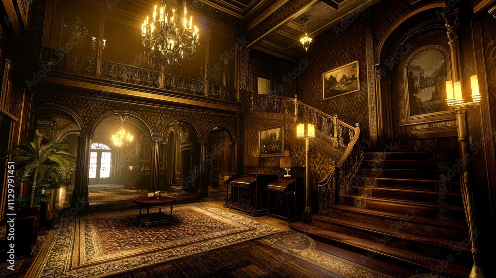 Grand Mansion Interior: Golden Opulence, Historic Architecture, 3D Rendering Grand Mansion Interior: Golden Opulence, Historic Architecture, 3D Rendering