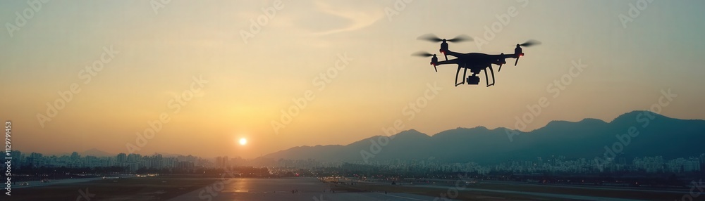 Aerial View of Drone Flying over Sunset Landscape with Mountains and City Skyline in the Background, Capturing Modern Technology and Nature Harmony Aerial View of Drone Flying over Sunset Landscape with Mountains and City Skyline in the Background, Capturing Modern Technology and Nature Harmony