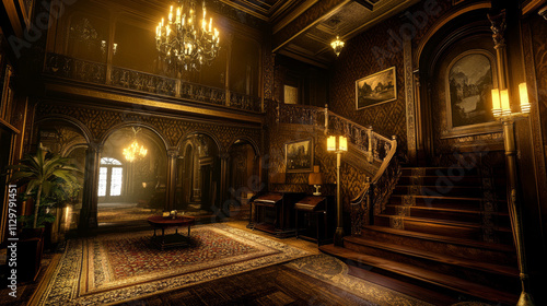 Grand Mansion Interior: Golden Opulence, Historic Architecture, 3D Rendering