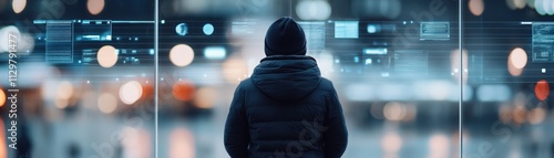 Person in Hooded Jacket Observing Digital Screen with Data Visualizations, Urban Night City Background with Bokeh Effect and Bright Lights, Modern Technology Concept