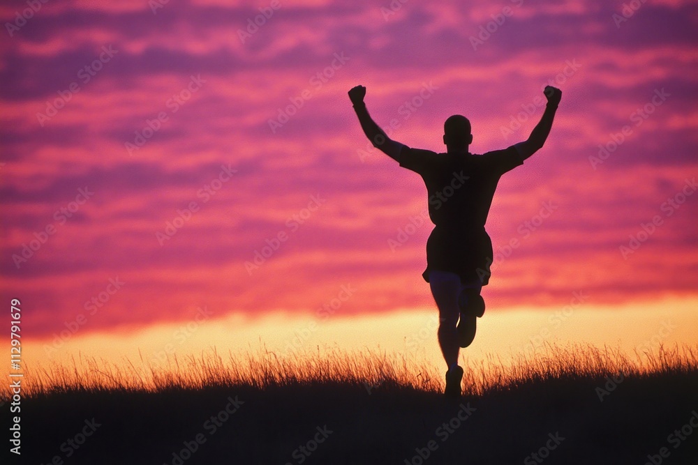 Silhouette of a runner celebrating victory at sunset. Silhouette of a runner celebrating victory at sunset.