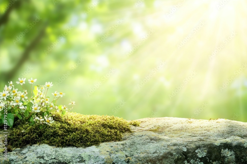 Sunlit moss, wildflowers on rock, blurred forest background. Sunlit moss, wildflowers on rock, blurred forest background.