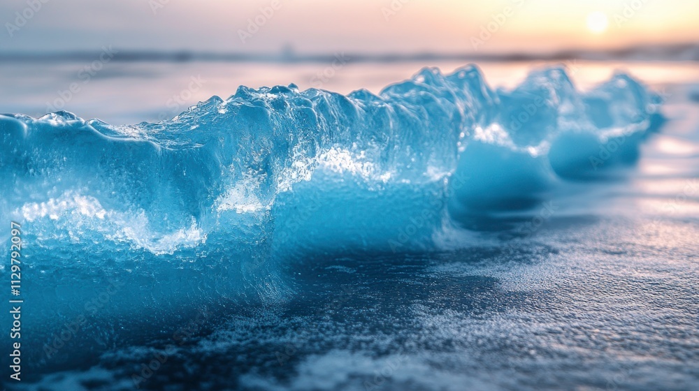 Close-up of translucent blue ice formations on a frozen lake at sunset. Close-up of translucent blue ice formations on a frozen lake at sunset.