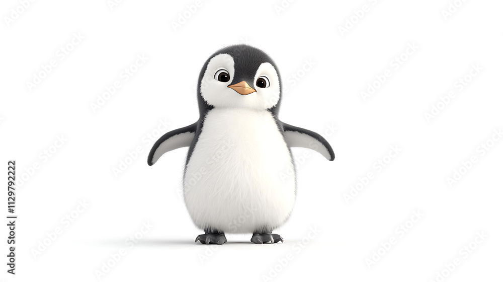 Fototapeta premium A cartoon penguin is standing on its hind legs and looking at the camera
