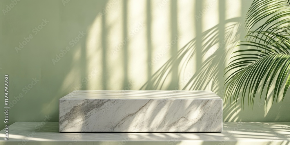 Marble podium with palm leaf shadows on green wall. Marble podium with palm leaf shadows on green wall.