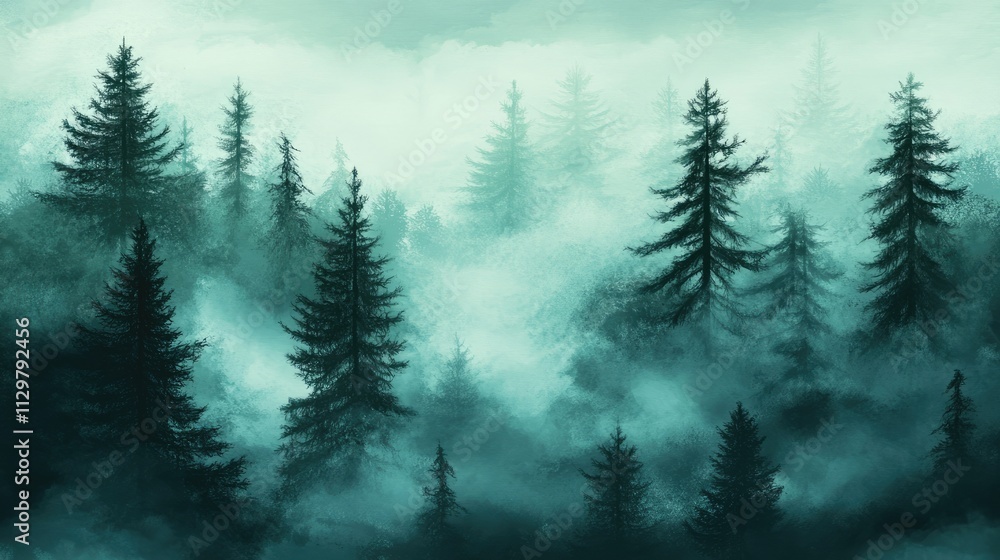 Mystic foggy dark green pine tree forest, landscape background Mystic foggy dark green pine tree forest, landscape background