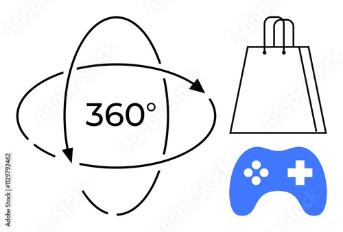 360-degree rotation arrows around text, shopping bag, blue gaming controller. Ideal for e-commerce, online shopping, gaming, virtual reality, augmented reality tech startups digital marketing. Line