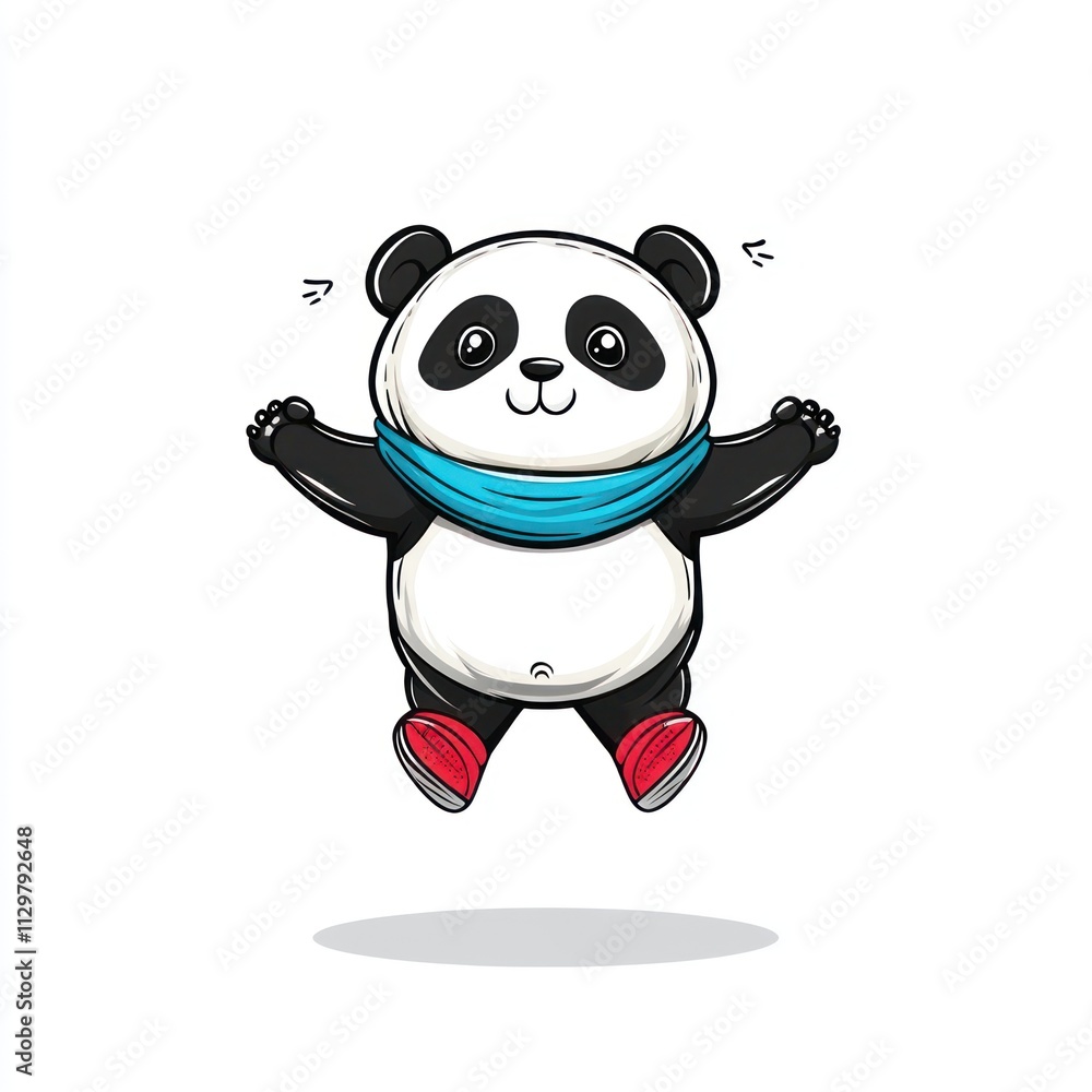 Happy jumping panda wearing a scarf and shoes. Happy jumping panda wearing a scarf and shoes.