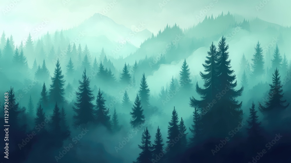 Fototapeta premium Mystic foggy dark green pine tree forest, landscape background