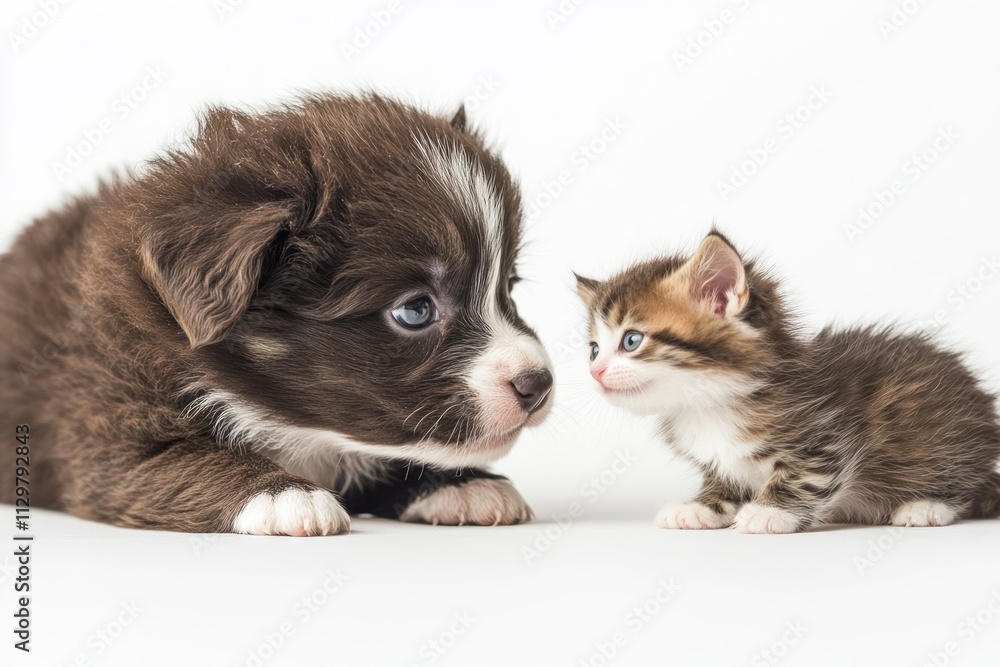 Adorable puppy and kitten facing each other on white background. Adorable puppy and kitten facing each other on white background.