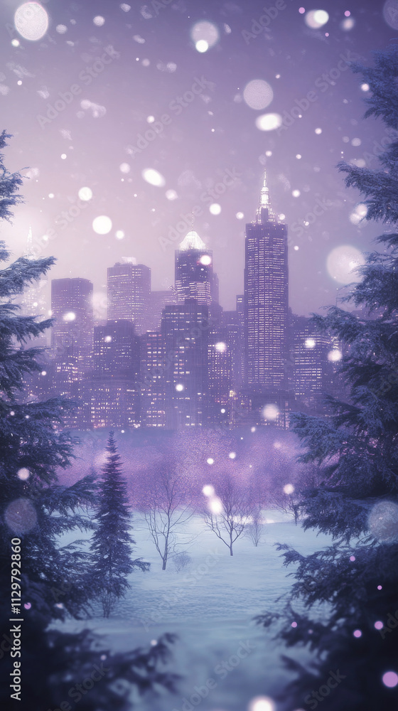 Snowy Cityscape: Winter Wonderland, Futuristic Metropolis, Purple Twilight, Christmas Dream Snowy Cityscape: Winter Wonderland, Futuristic Metropolis, Purple Twilight, Christmas Dream