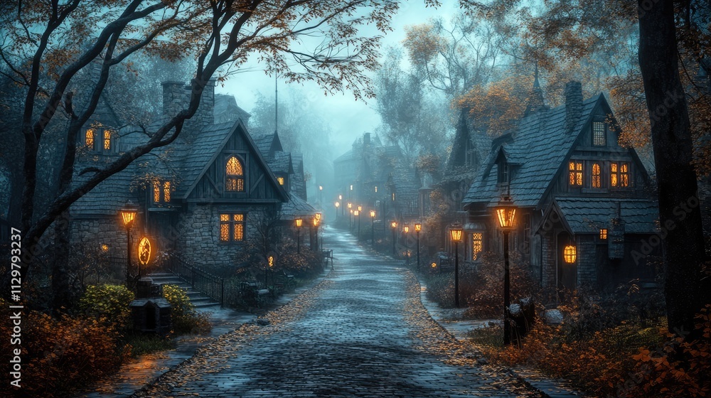 Mystical Autumn Night in the Old Ghost Village 3D Art Illustration. Small Old Town Creepy Misty Street with Lights and Weird Houses Halloween Background. AI Neural Network Generated Art Wallpaper Mystical Autumn Night in the Old Ghost Village 3D Art Illustration. Small Old Town Creepy Misty Street with Lights and Weird Houses Halloween Background. AI Neural Network Generated Art Wallpaper