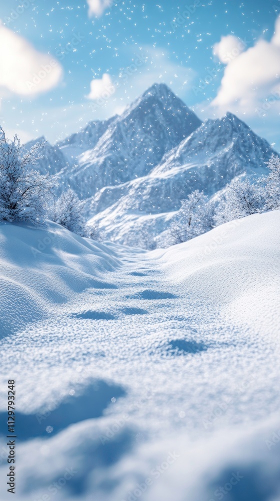 Snow-covered path leading to majestic snowy mountains under a clear sky. Snow-covered path leading to majestic snowy mountains under a clear sky.