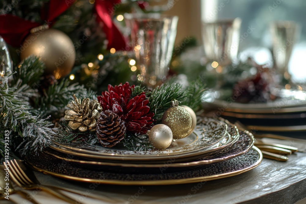 Elegant Christmas Table Setting with Pine Cones and Ornaments Elegant Christmas Table Setting with Pine Cones and Ornaments