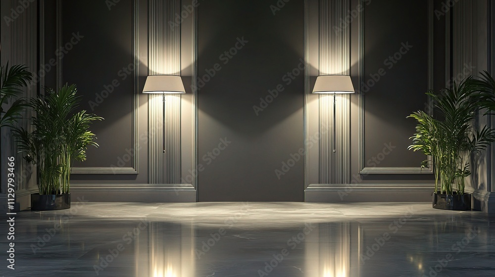 Elegant Interior Backdrop with Illuminated Lamps and Greenery Elegant Interior Backdrop with Illuminated Lamps and Greenery