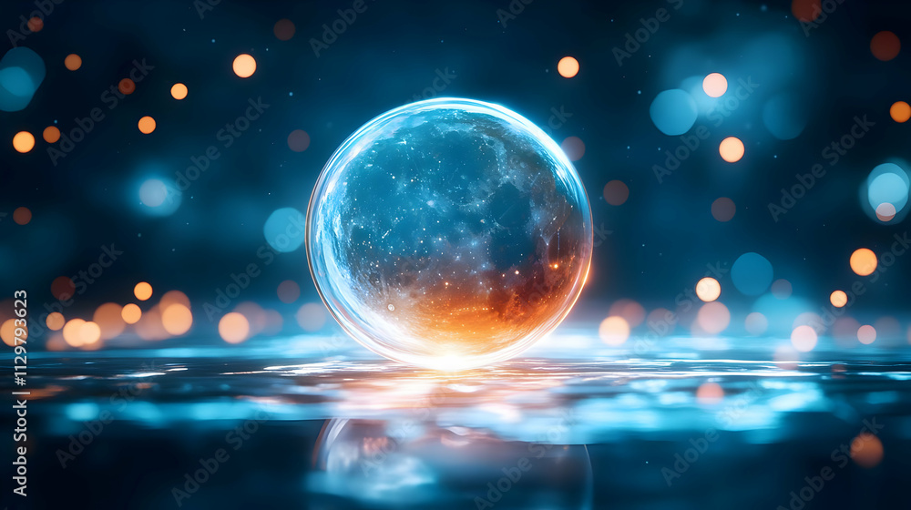 A captivating close-up of a luminous sphere floating above a reflective surface, surrounded by vibrant bokeh lights. A captivating close-up of a luminous sphere floating above a reflective surface, surrounded by vibrant bokeh lights.