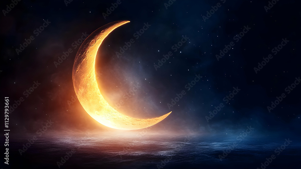 A captivating crescent moon illuminated against a dark, starry sky, creating a serene and mystical atmosphere. A captivating crescent moon illuminated against a dark, starry sky, creating a serene and mystical atmosphere.
