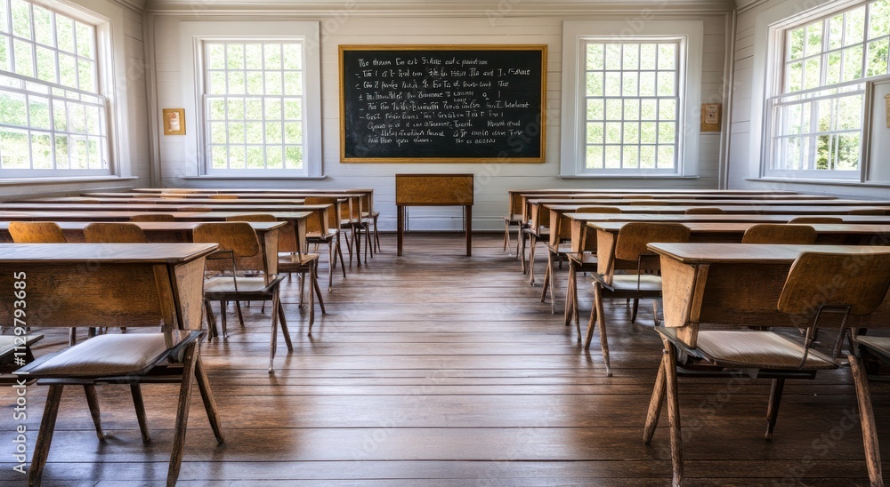 Empty classroom with wooden desks, chairs, and chalkboard. Empty classroom with wooden desks, chairs, and chalkboard.