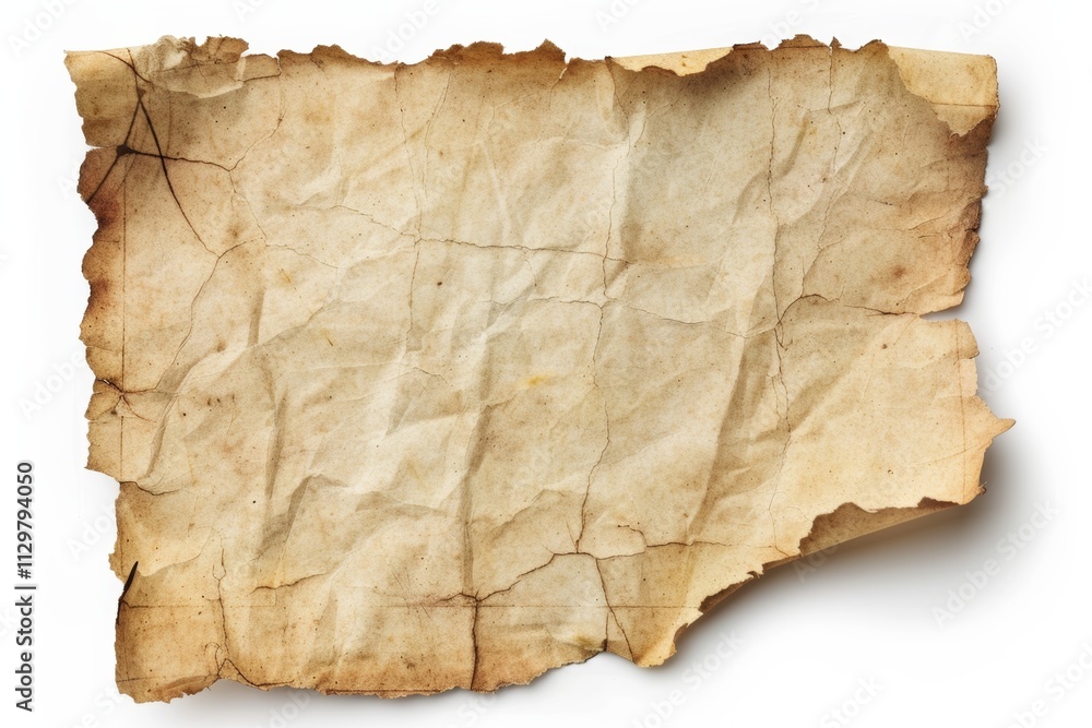 Fototapeta premium Highly Old Torn Parchment Paper Isolated on White Background with Space for Text