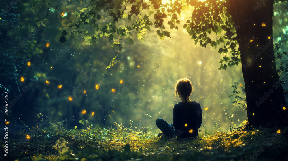 Mystical Forest Girl: Bioluminescent Leaves, Tranquil Nature, Serene Meditation, Magical Setting Mystical Forest Girl: Bioluminescent Leaves, Tranquil Nature, Serene Meditation, Magical Setting