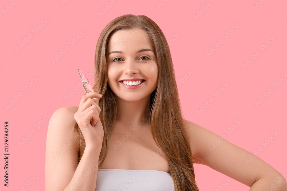 Beautiful young woman with ampule on pink background. Skin care concept Beautiful young woman with ampule on pink background. Skin care concept